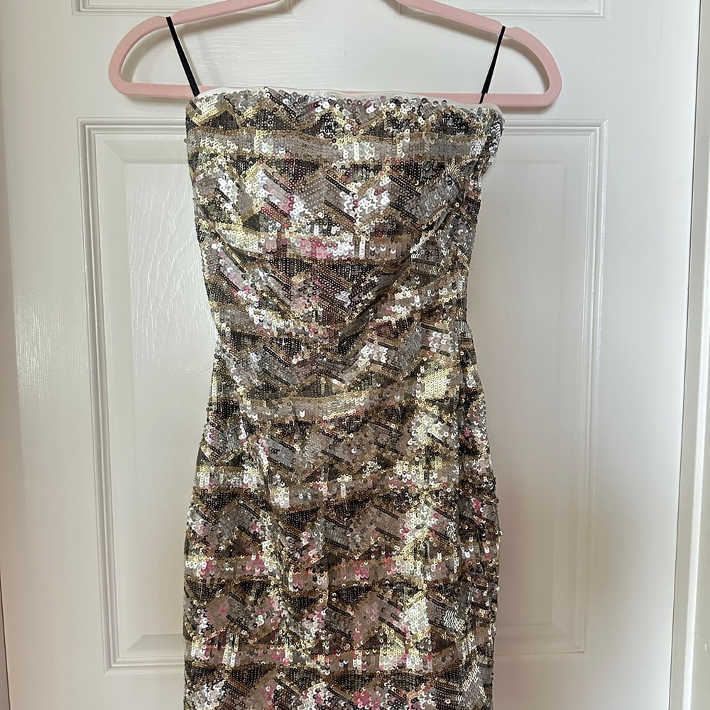 bebe Gold and Silver Strapless Dress